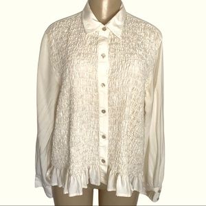 Liz Claiborne 💯% Silk Ruffled Ruched Collared Cream Dress Shirt Petite